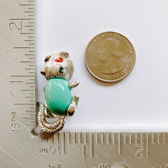 VTG 60s Quirky Cat Brooch Red Eyes Teal Belly Mid Century Figural Shoulder Pin - Picture 11 of 12